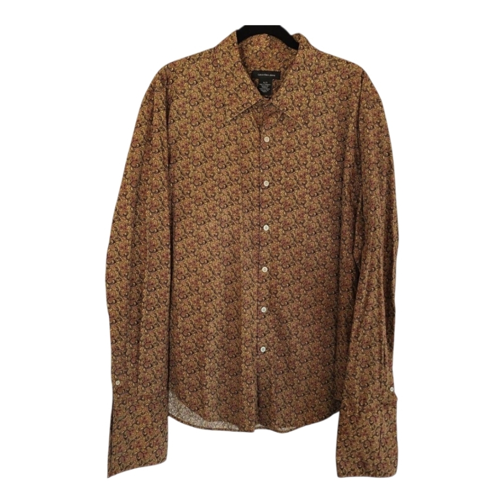 Vintage Calvin Klein Men's Brown Button Up Shirt Paisley Pattern 90's Preppy